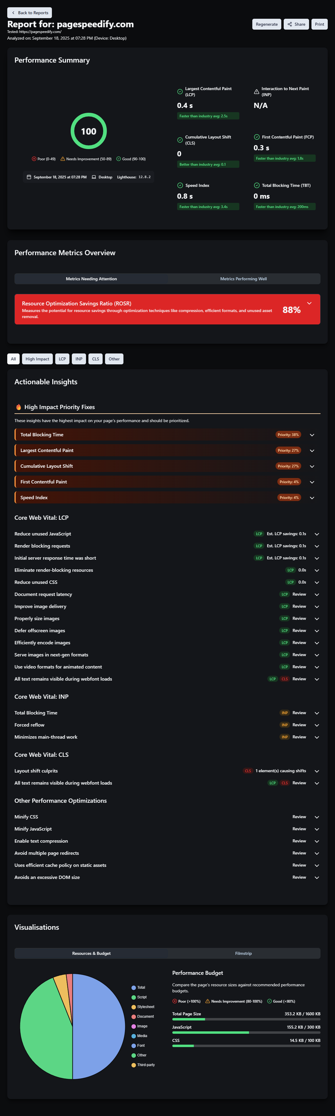 PageSpeedify's full report view